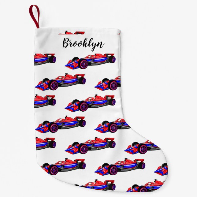 Professional racing car cartoon illustration small christmas stocking (Front)