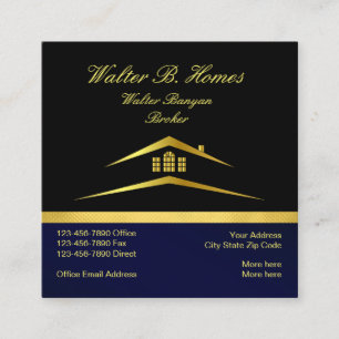 Professional Real Estate Broker Agent Gold & black Square Business Card