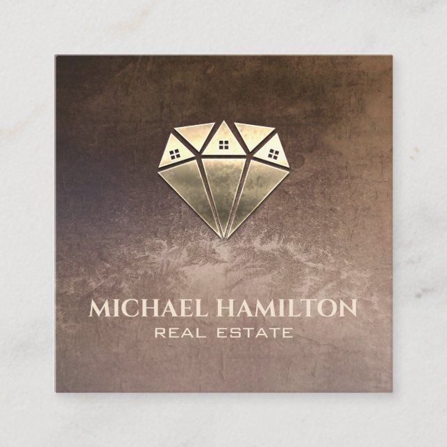 Professional real estate gold diamond house logo square business card (Front)