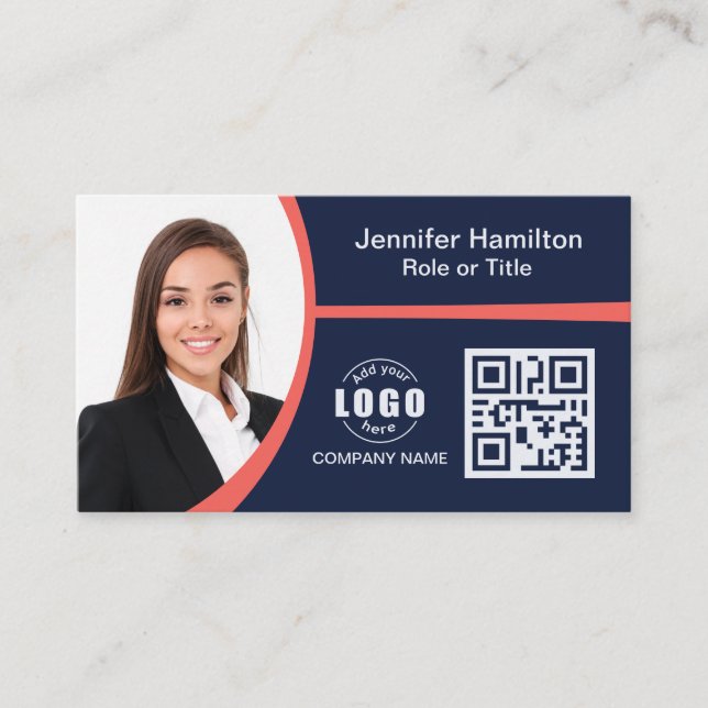 Professional Red add your Logo QR Code Photo Business Card (Front)
