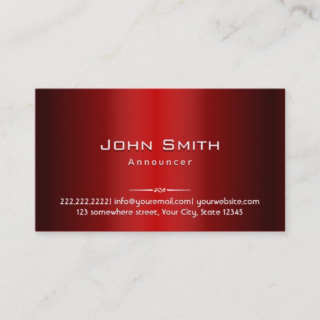 Professional Red Metal Announcer Business Card (Front)