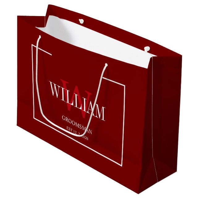 Professional Red& White Groomsmen Minimalist  Large Gift Bag (Front Angled)