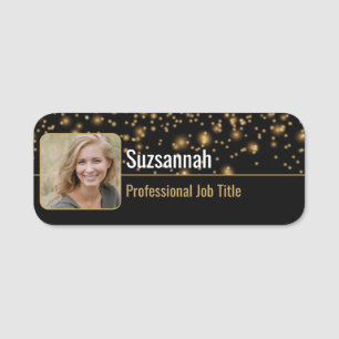 Professional Replaceable Photo Black & Gold Bokeh Name Tag