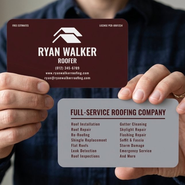 Professional Roofing Company Maroon & Grey Roofer Business Card (Creator Uploaded)