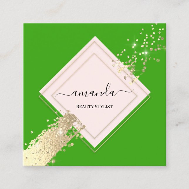 Professional Rose Frame Gold Green Makeup Logo Square Business Card (Front)