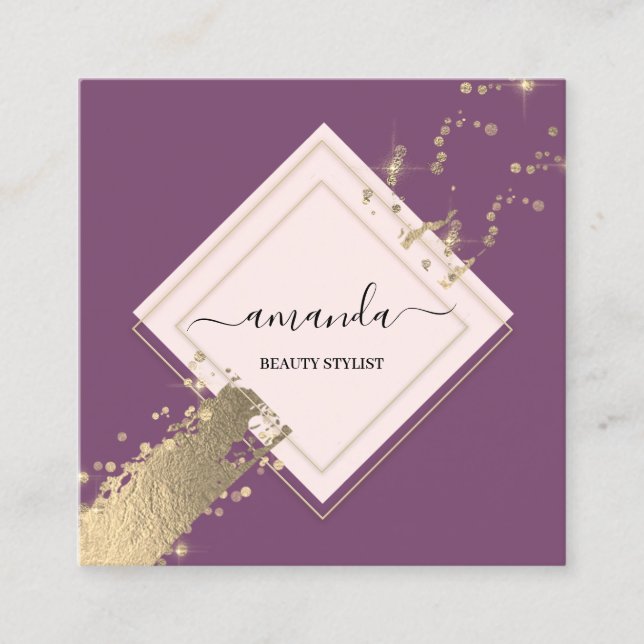 Professional Rose Frame Gold Stroke Violet Purple Square Business Card (Front)