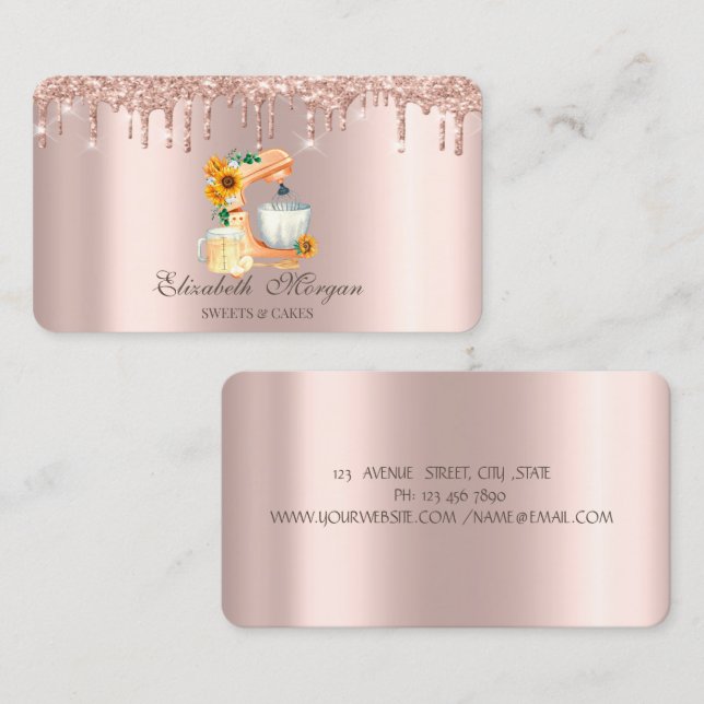 Professional Rose Gold Glitter Drips Flowers Mixer Business Card (Front/Back)