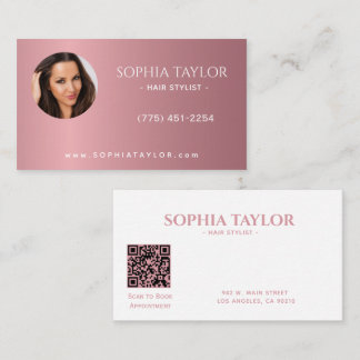 Professional Rose Gold Photo QR Code Hair Stylist Business Card