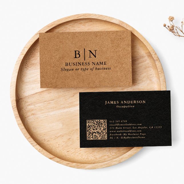 Professional Rustic Faux Kraft Initials & QR Code Business Card (Creator Uploaded)