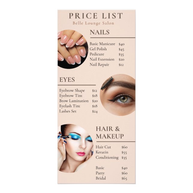 Professional Salon Price List and Opening Hours Rack Card (Front)