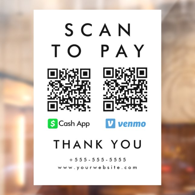 Professional Scan to Pay Venmo Cash App QR Code Window Cling (Sheet 2)