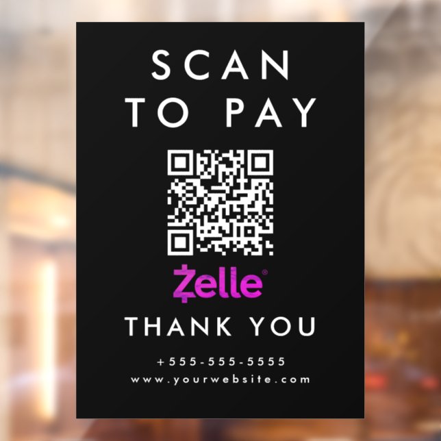 Professional Scan to Pay Zelle QR Code Black Window Cling (Sheet 2)