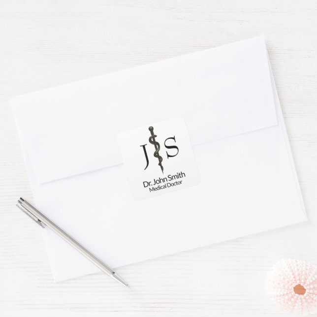 Professional Simple Asclepius Black White Medical Square Sticker (Envelope)