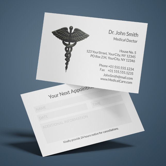 Professional Simple Black Caduceus White Medical  Appointment Card (Creator Uploaded)