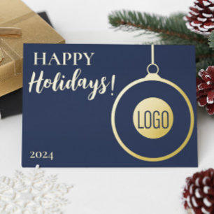 Professional Simple Blue Gold Custom logo  Foil Holiday Card