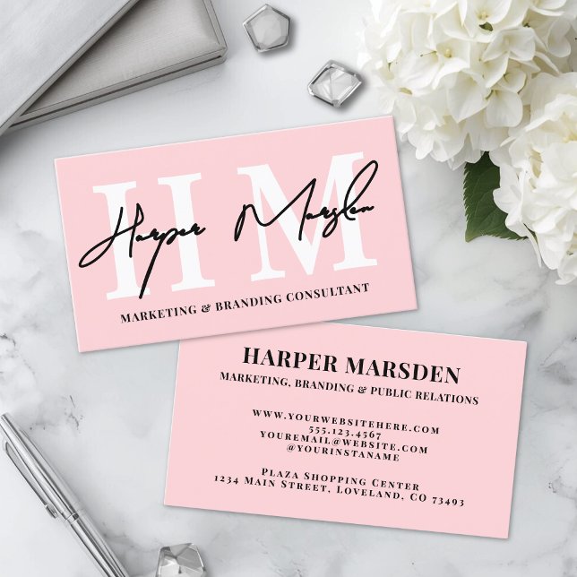 Professional Simple Blush Pink Monogram Business Card (Professional Simple Blush Pink Monogram Business Card)