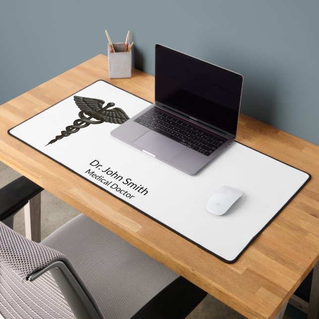 Professional Simple Caduceus Black Medical White Desk Mat (Office 2)