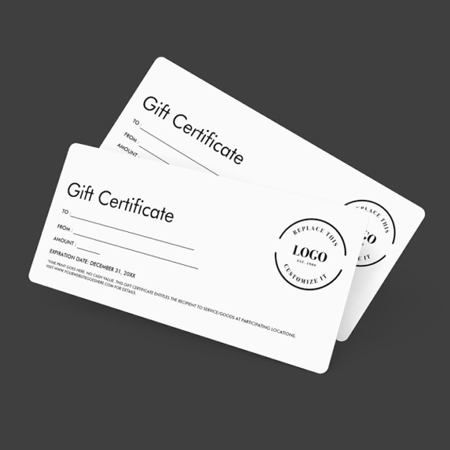 Professional Simple Custom Logo Gift Certificate Invitation (Custom logo and text minimalistic gift certificate business template.)