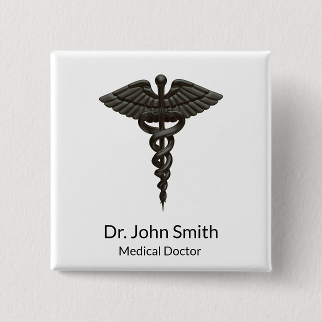 Professional Simple Medical Caduceus Black White 2 Inch Square Button (Front)