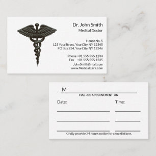 Professional Simple Medical Caduceus Black White Appointment Card