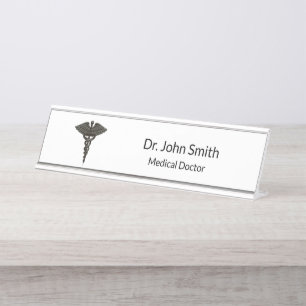 Professional Simple Medical Caduceus Black White Desk Name Plate