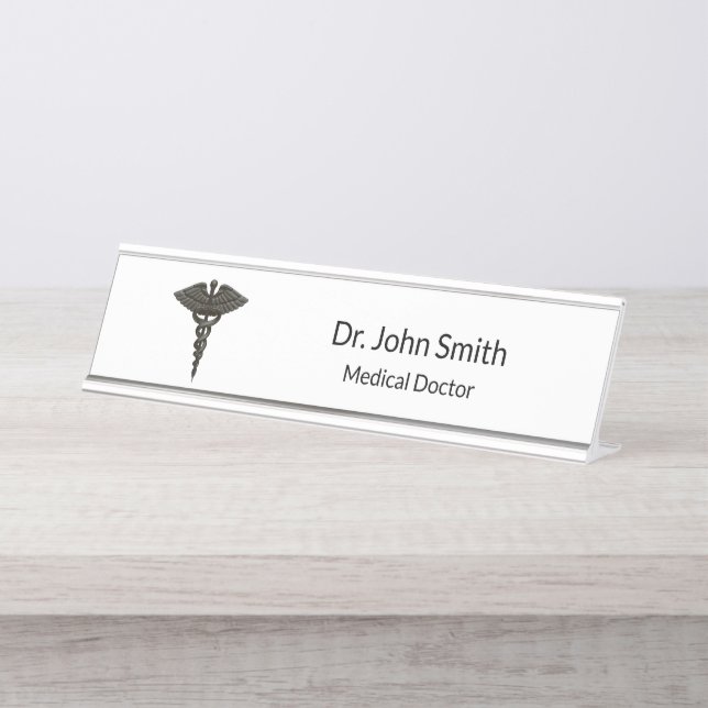 Professional Simple Medical Caduceus Black White Desk Name Plate (Front)
