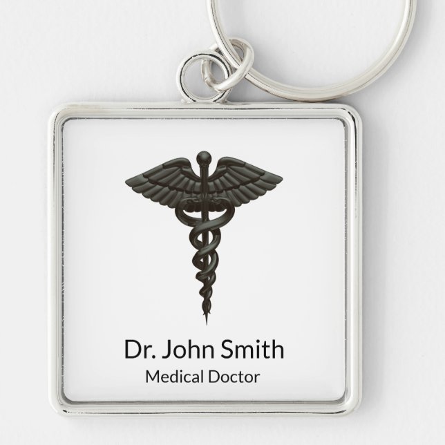 Professional Simple Medical Caduceus Black White Keychain (Front)