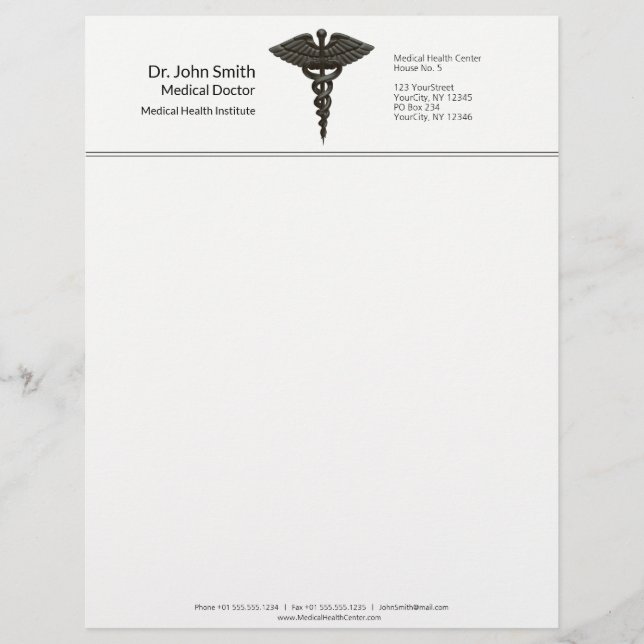 Professional Simple Medical Caduceus Black White Letterhead (Front)