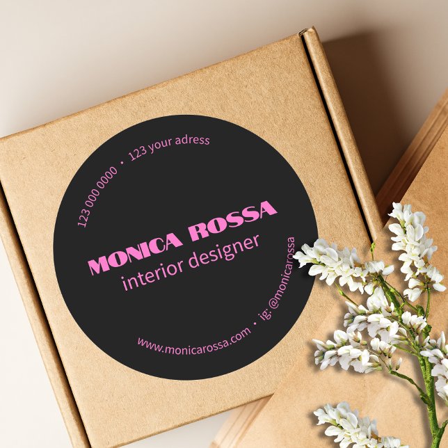 Professional Simple Modern Neon Pink Black Classic Round Sticker (Creator Uploaded)