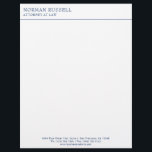 Professional Simple Navy Blue Border Lawyer<br><div class="desc">Business letterhead with a simple design featuring your name and title in a navy blue serif font at the top with a thin border below. At the bottom is your contact information in a sans serif font. A basic and plain design that still comes across as professional. A traditional style...</div>