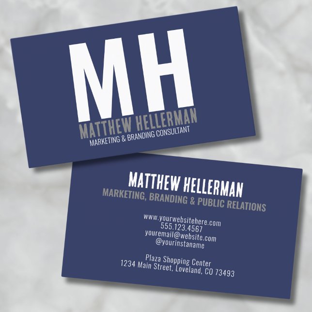 Professional Simple Navy Blue Monogram Business Card (Navy Blue Simple Professional Monogram Business Card)