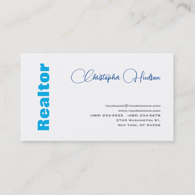 Professional Simple Realtor Real Estate Blue White Business Card (Front)