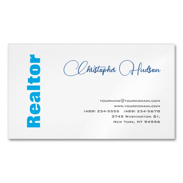 Professional Simple Realtor Real Estate Blue White Magnetic Business Card (Front)