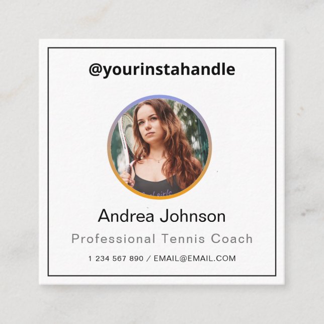 Professional Tennis Coach Photo & QR Code Modern   Square Business Card (Front)