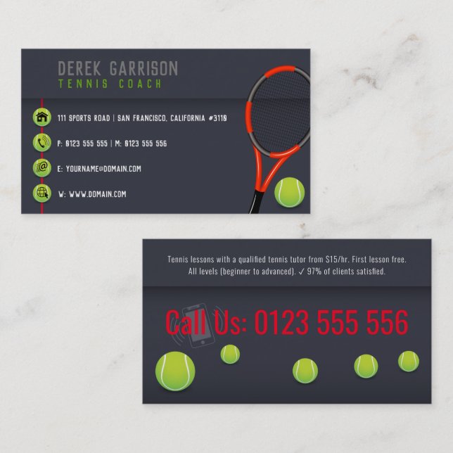 Professional Tennis Coach | Tennis Racket Business Card (Front/Back)