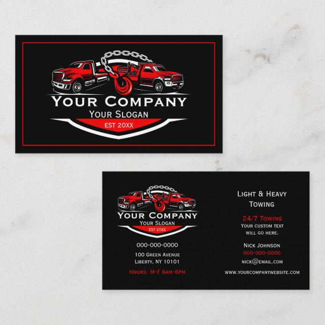 Professional Towing Company, Hauling Service  Business Card (Front/Back)