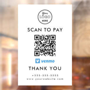 Professional Venmo QR Code Scan to Pay Logo White Window Cling