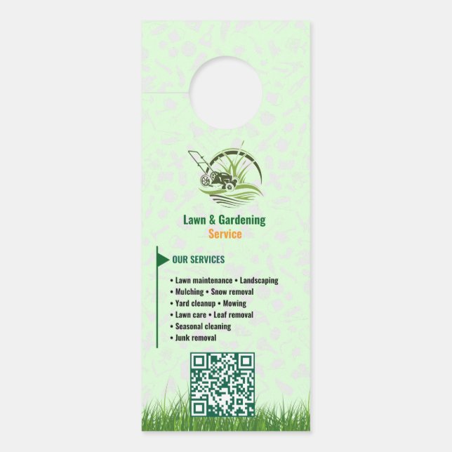 Professional White and Green Lawn Care Door Hanger (Front)