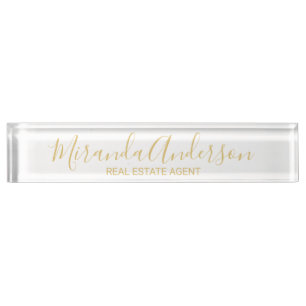 Professional White & Gold with Modern Script Name Nameplate
