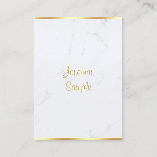 Professional White Marble Gold Handwritten Script Business Card (Front)