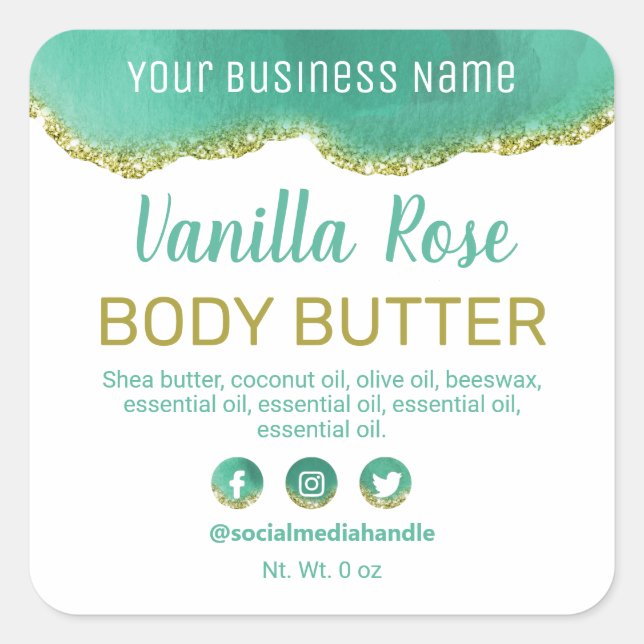 Professional White Teal Gold Glitter Product Label (Front)