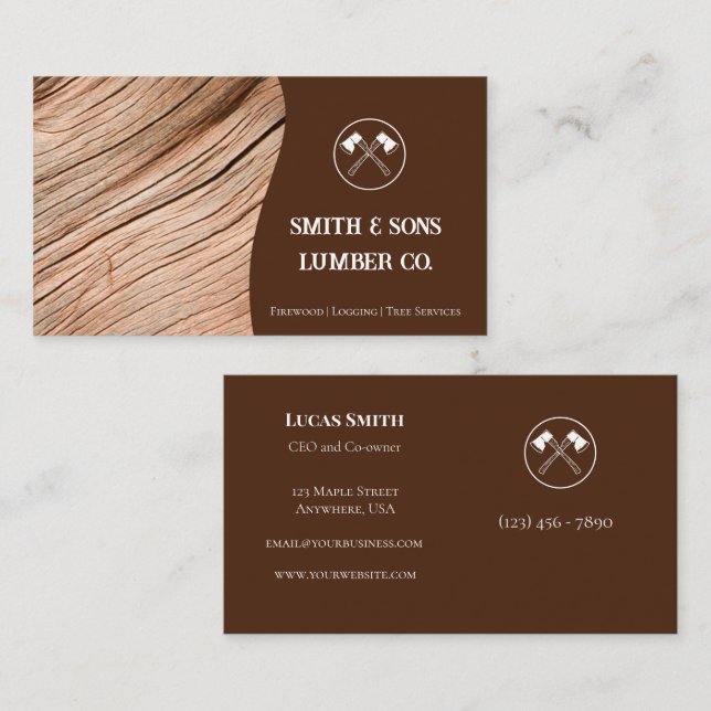 Professional Wood Grain Axe Logo Lumber Company Business Card (Front/Back)