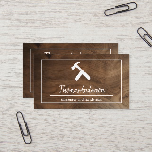 Professional Wood Grain Rustic Carpentry Business Card (Front/Back In Situ)
