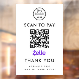 Professional Zelle QR Code Scan to Pay Logo White Window Cling
