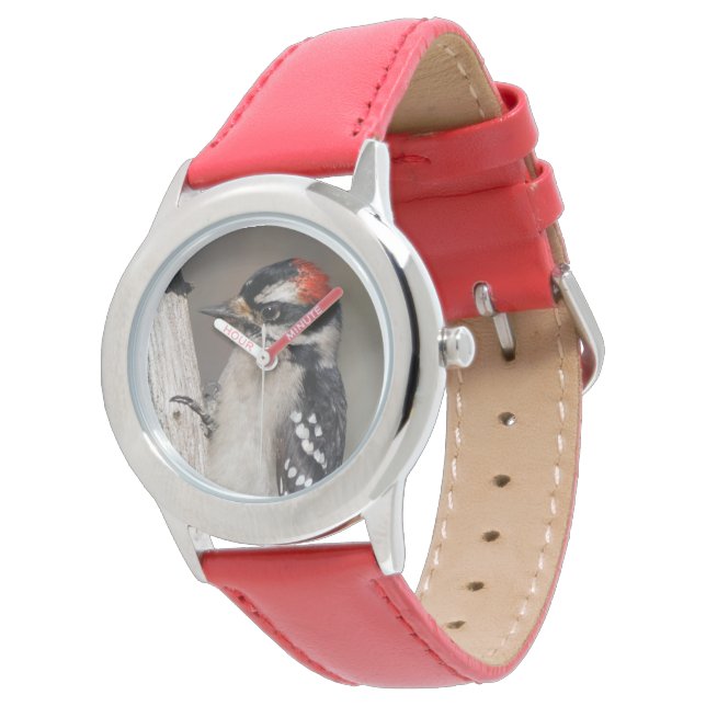 Profile of a Male Downy Woodpecker Wrist Watch (Angled)