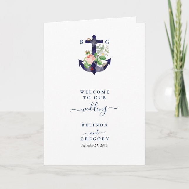 Programme Ancre Floral Mariage nautique Ordre de service (Devant)