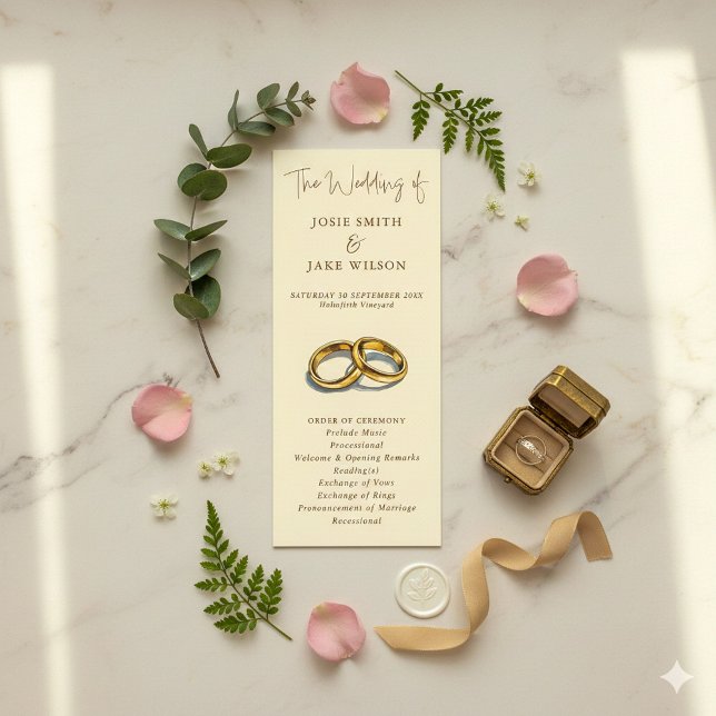 Programme Anneaux d'or Elégante crème et mariage Brown (Watercolor style wedding rings wedding invitation.)