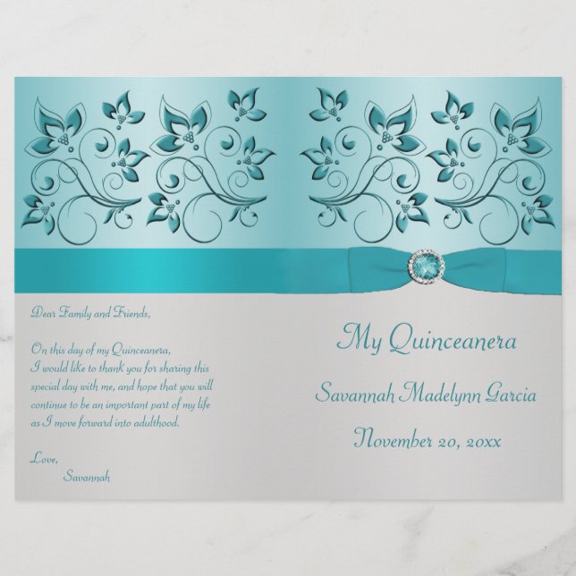 Programme Aqua et Silver Floral Quinceanera (Devant)