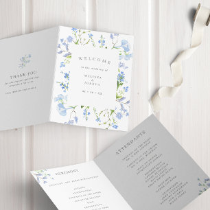 Programme Aquarelle Bleu délicat Mariage floral plié