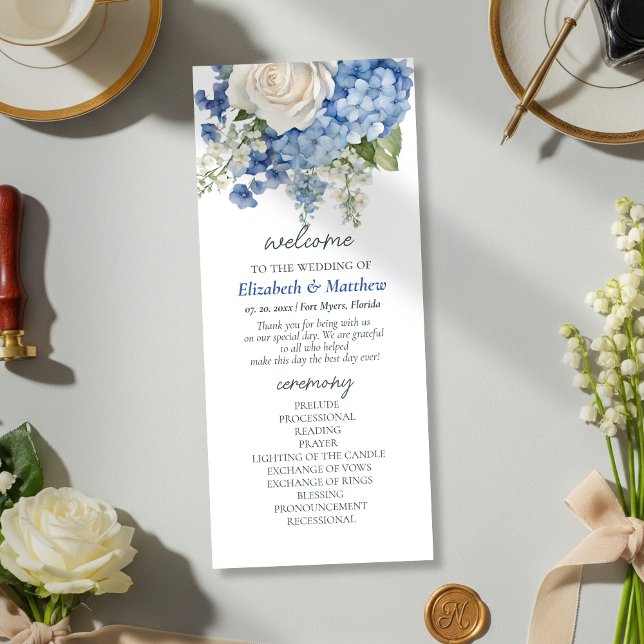 Programme Aquarelle bleu Hydrangea Roses blanches Mariage (Créateur téléchargé)